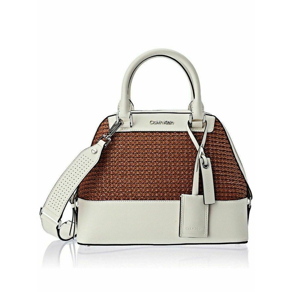 Calvin Klein Clara Crossbody Satchel Cream and Brown Woven Handbag NWT